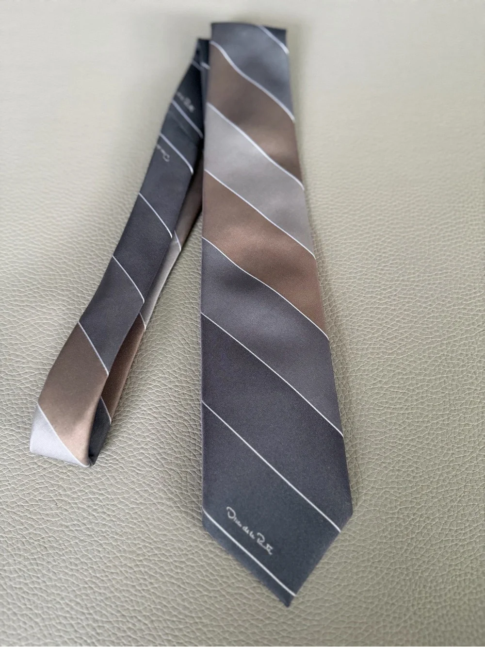 Oscar de la Renta Brown and Gray Striped Silk Tie